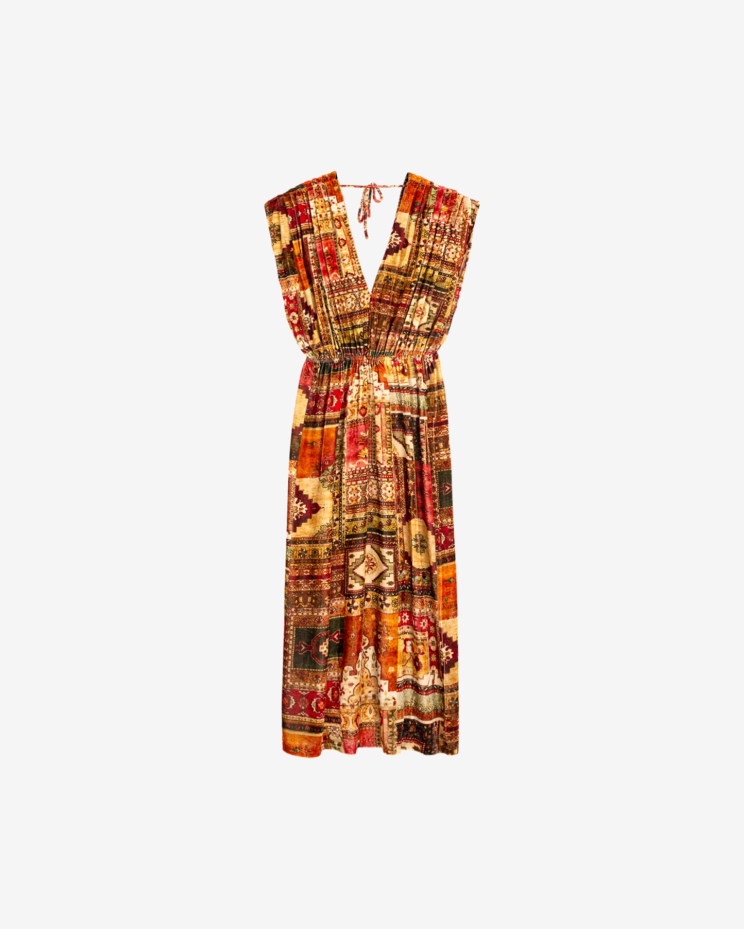 Robe longue maxi patchwork bohème: imprimé riche, décolleté V - Robes Mes Demoiselles