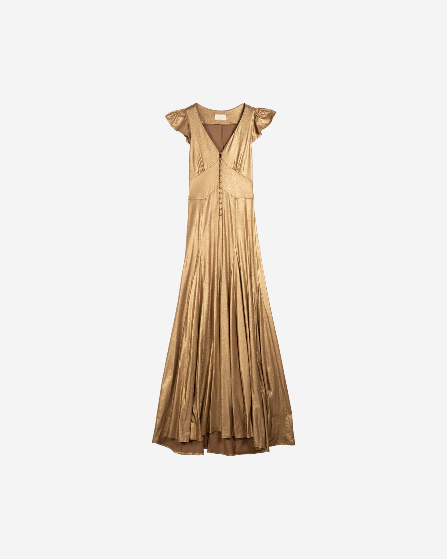 Robe maxi métallisée noisette, plissée, décolleté V profond - Robes Mes Demoiselles