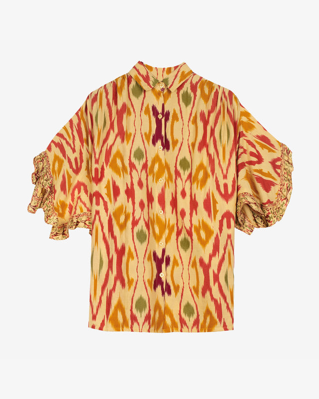 Chemise bohème, motif ikat, manches amples à volants plissés - Chemises & tops Mes Demoiselles - Image 1