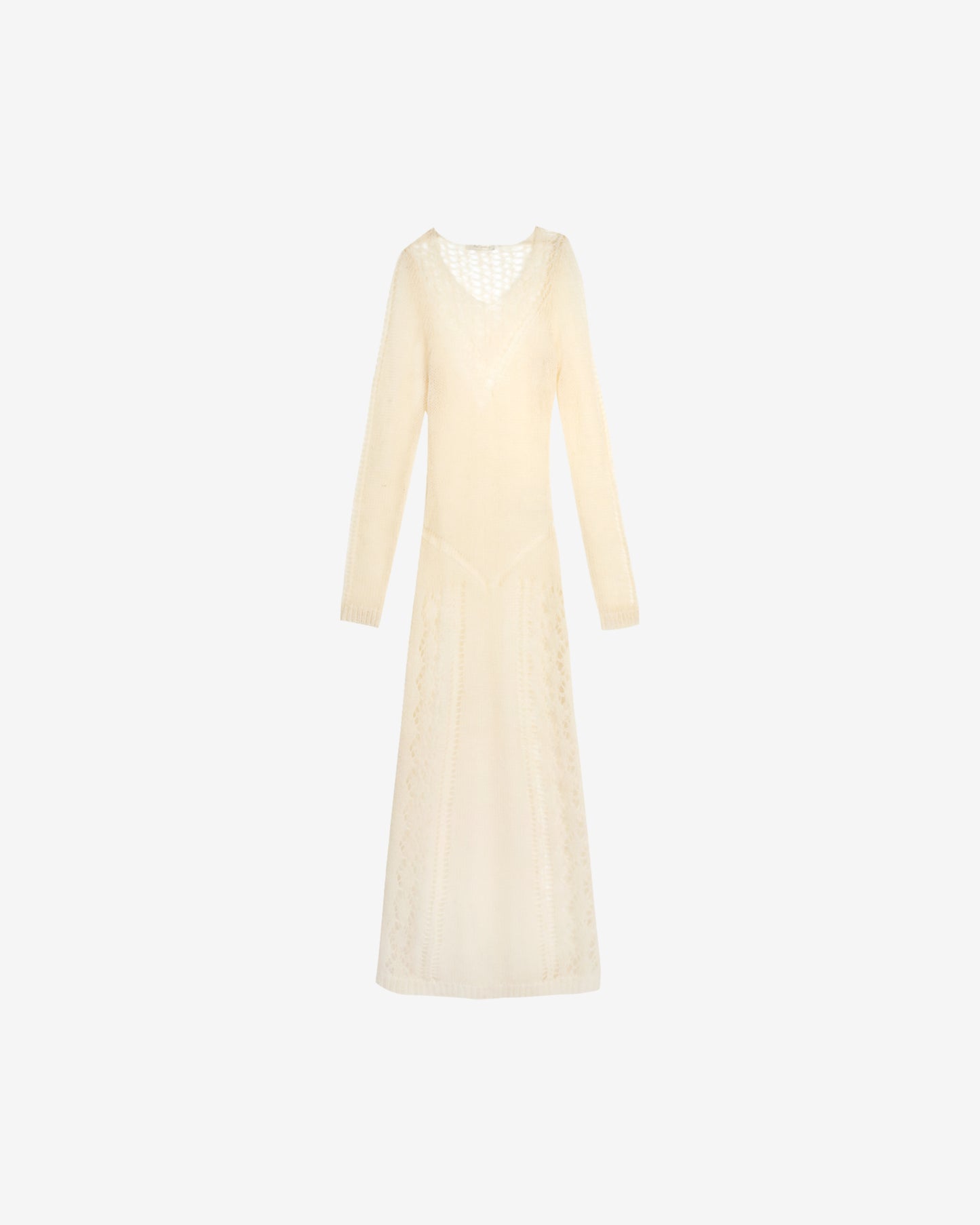 Robe longue ivoire plissée, motifs géométriques, décolleté V - Robes Mes Demoiselles