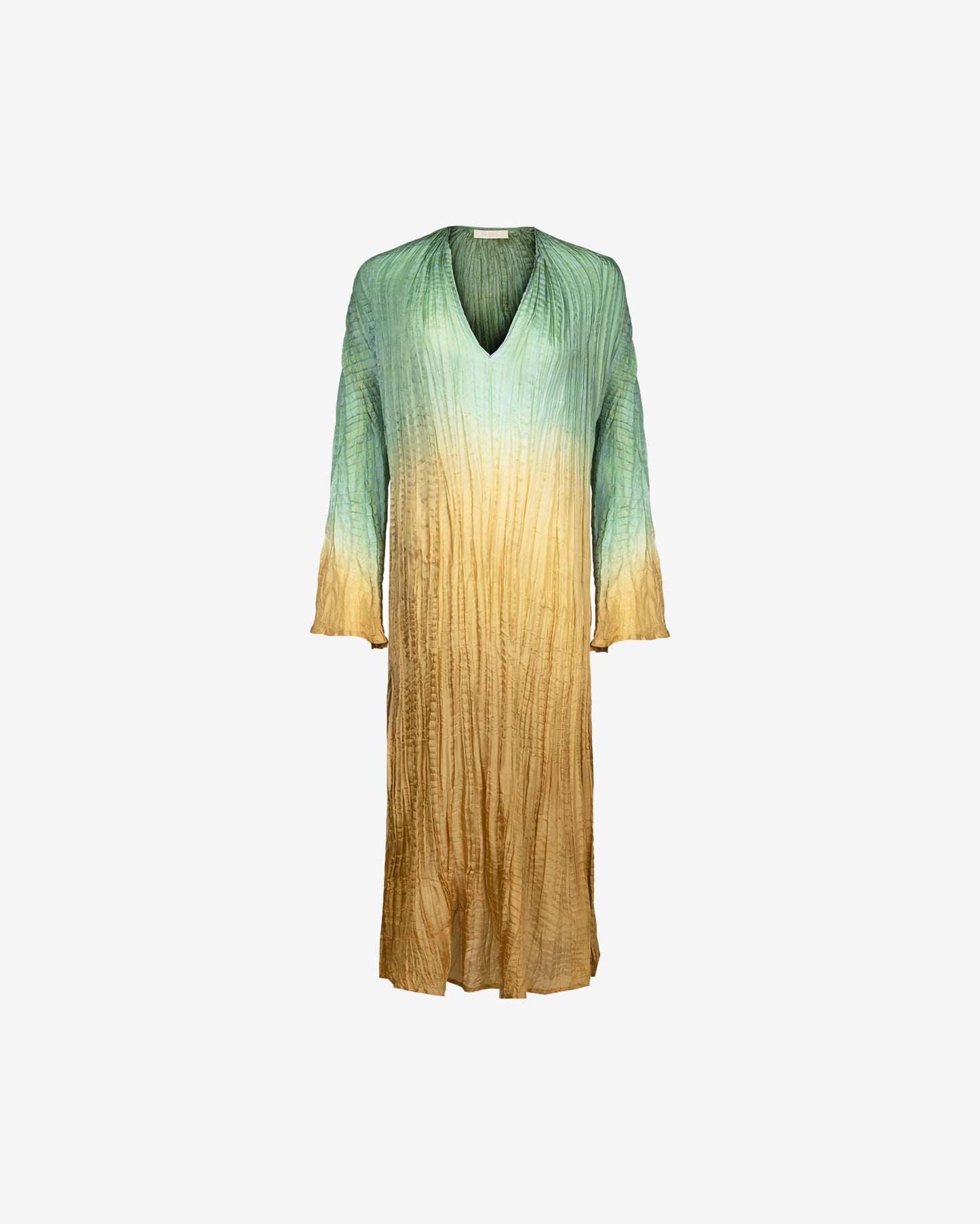 Robe Bhima - Ocre : Sur - robe tye & dye en soie froissée, manches longues et fentes Mes Demoiselles