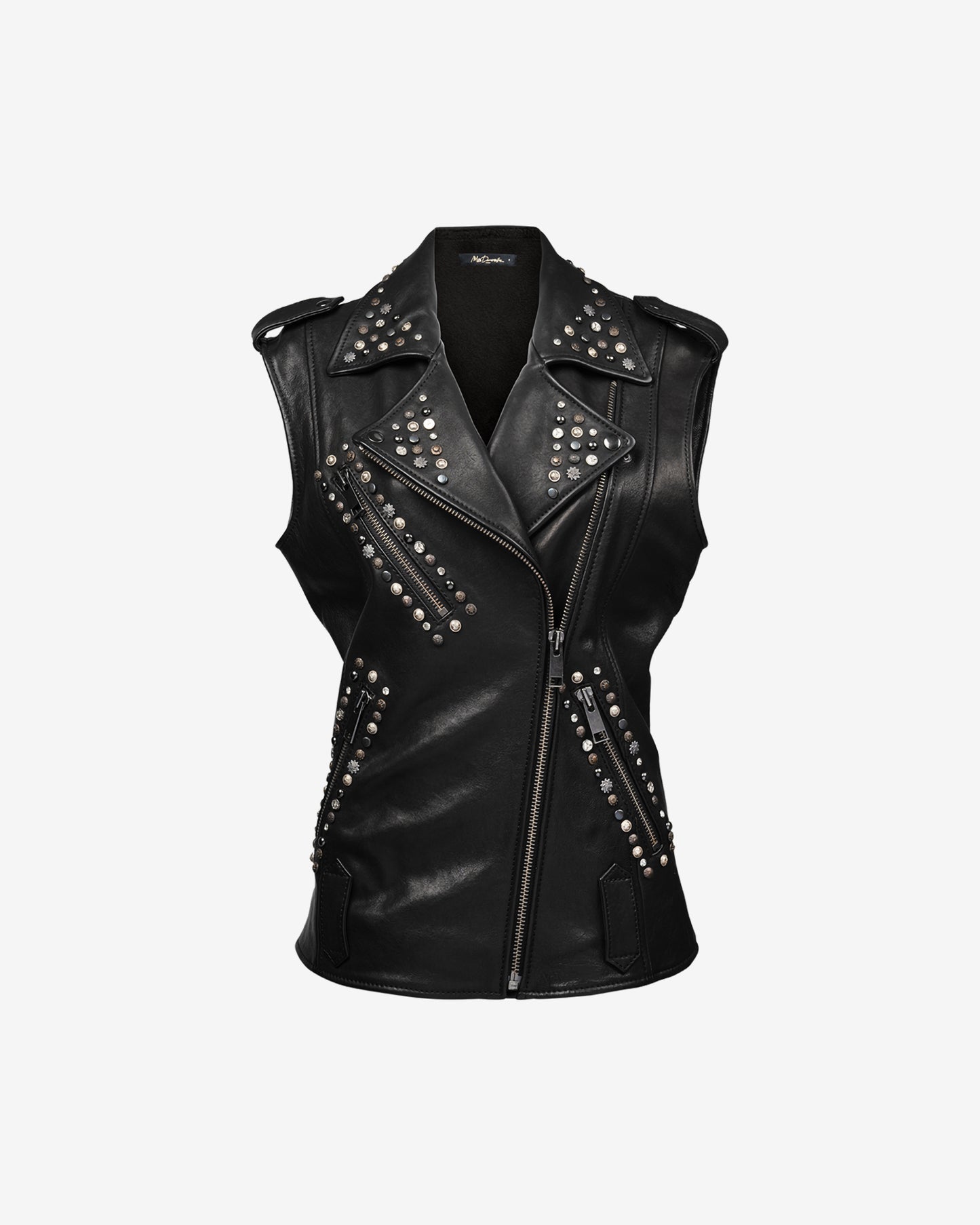 Veste motard noire en cuir cloutée, sans manches, zips asymétriques - Manteaux & vestes Mes Demoiselles