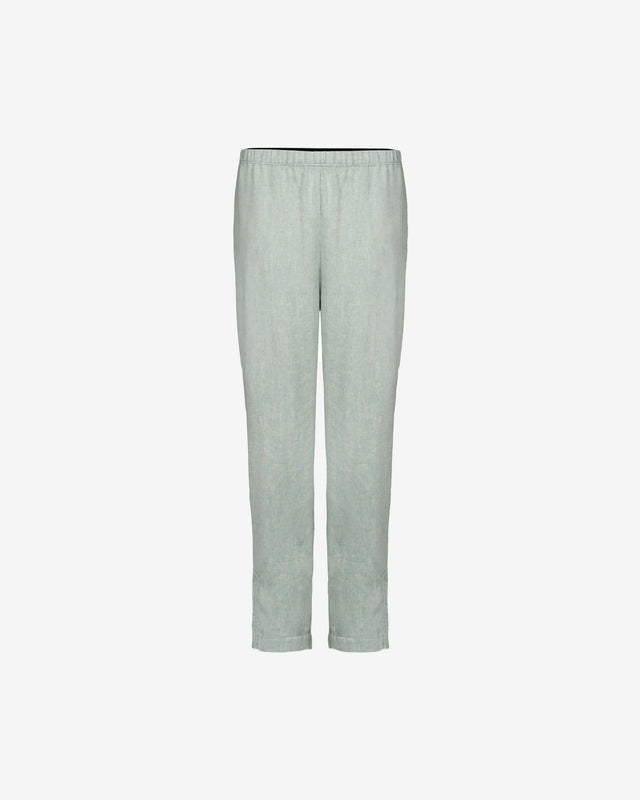 Pantalon Maud - Bleu : Pantalon en lin chambray, sport chic, taille élastique, coupe droite Mes Demoiselles - Dernière image