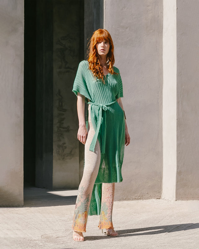 Long pull ample vert menthe, col V, maille côtelée, ceinture - Pulls & gilets Mes Demoiselles - Image 1