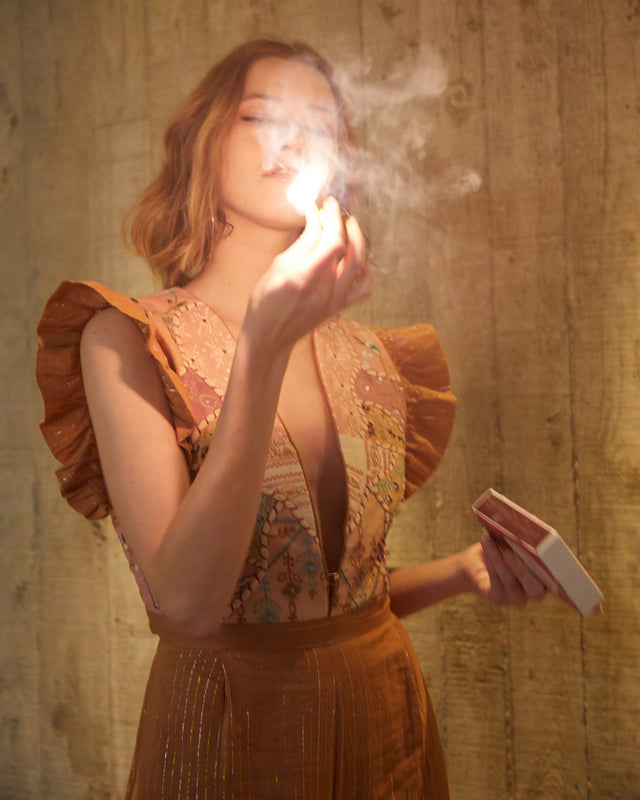 Combinaison longue pastel, dos nu, avec patchwork et fil lurex - Pantalons & combinaisons Mes Demoiselles - Image 1