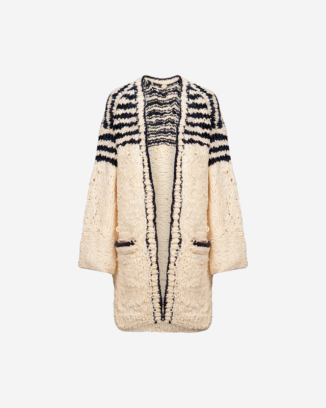 Cardigan longue grosse maille crème/marine, style bord de mer élégant - Manteaux & vestes Mes Demoiselles - Image 3