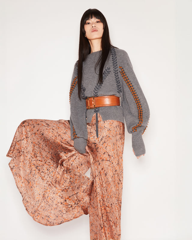 Pantalon palazzo satiné, léger, à imprimé marbré terre cuite - Pantalons & combinaisons Mes Demoiselles - Image 1