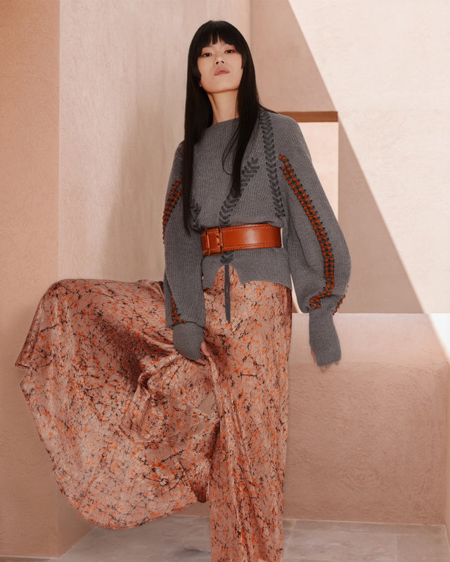 Pantalon palazzo satiné, léger, à imprimé marbré terre cuite - Pantalons & combinaisons Mes Demoiselles - Image 1