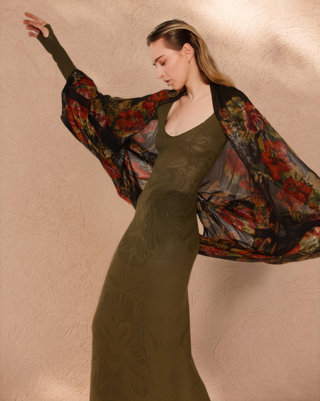 Robe longue kaki, motif floral ajouré, coupe ajustée, manches longues - Robes Mes Demoiselles - Image 2