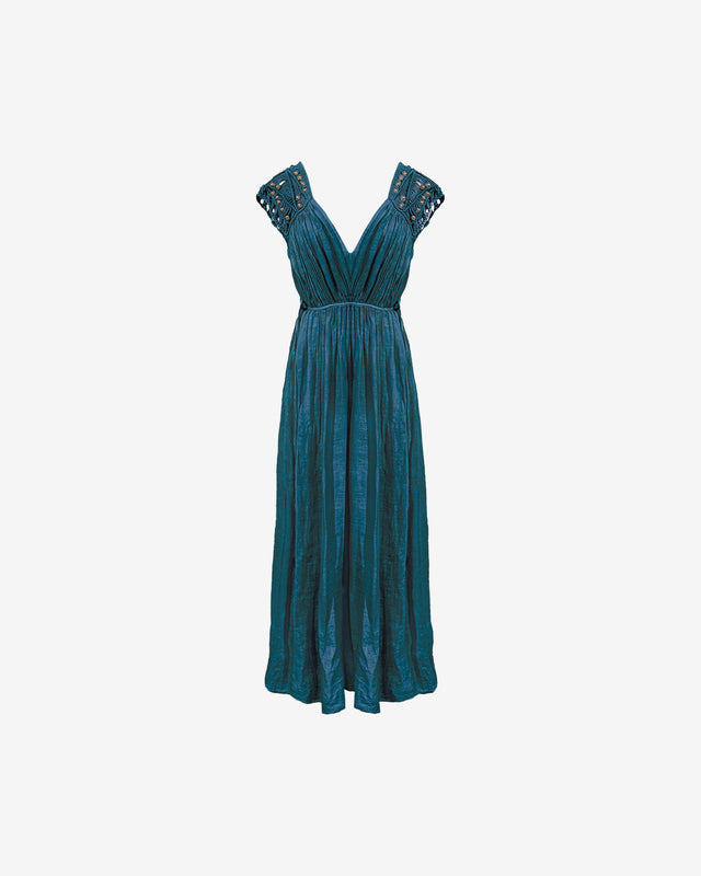 Robe Maha - Turquoise Fonce : Robe en coton bleu pétrole, macramé perlé aux épaules Mes Demoiselles - Dernière image