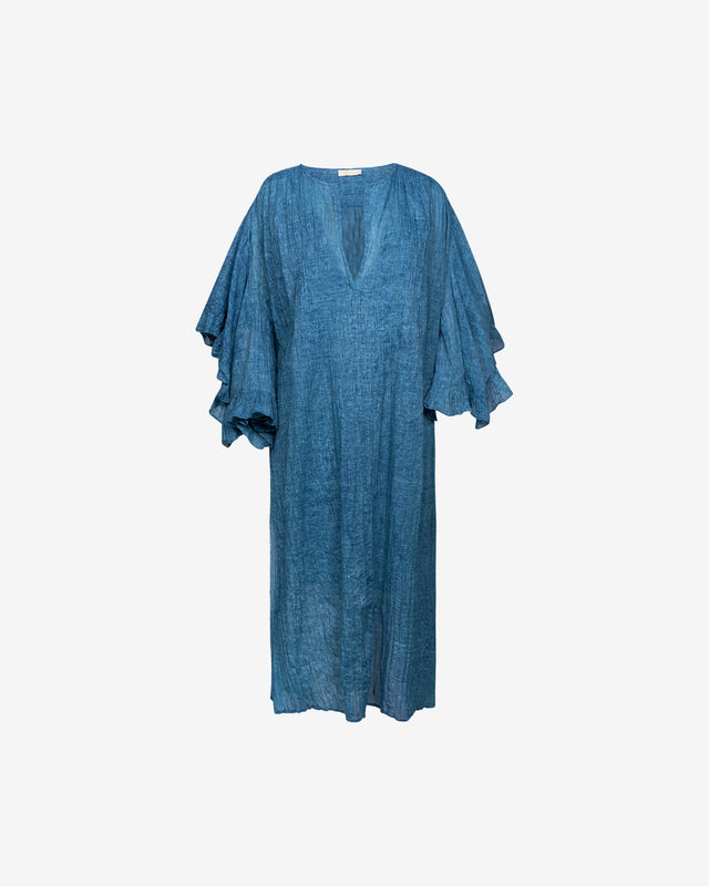 Robe Nybi - Bleu : Robe bleue ample en voile de coton, col V, avec ceinture Mes Demoiselles - Dernière image