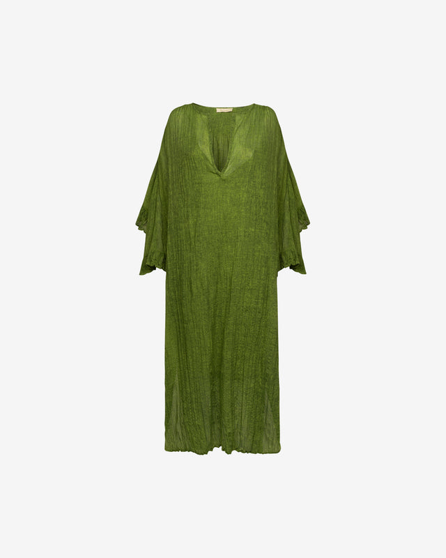Robe Nybi - Vert : Robe ample verte en voile de coton, encolure en V, ceinture Mes Demoiselles - Dernière image