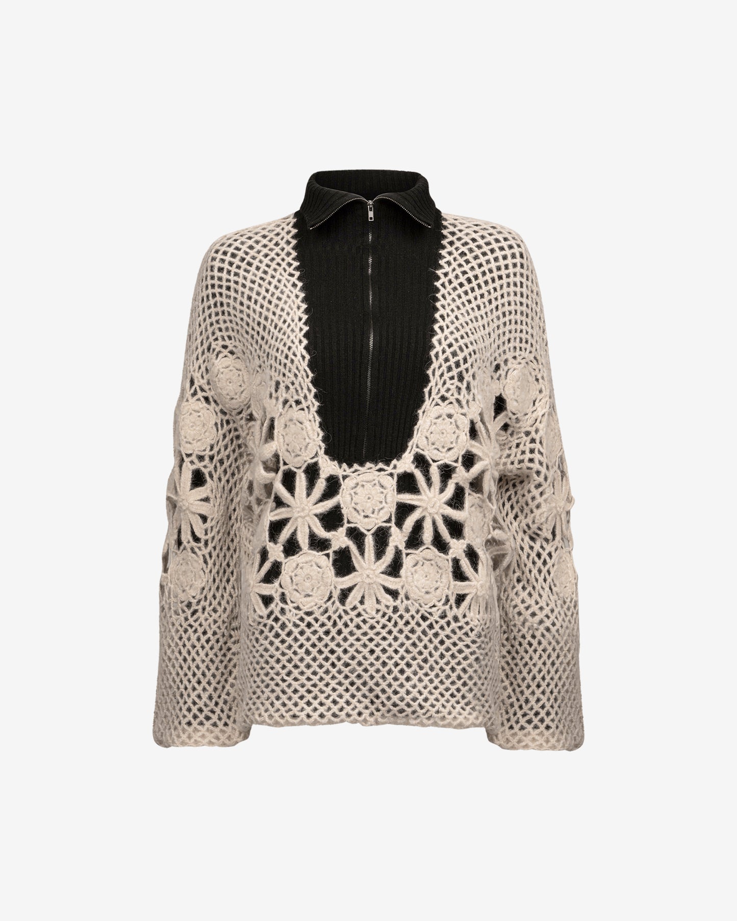 Pull ajouré beige, motifs floraux, superposé sur haut zippé - Pulls & gilets Mes Demoiselles