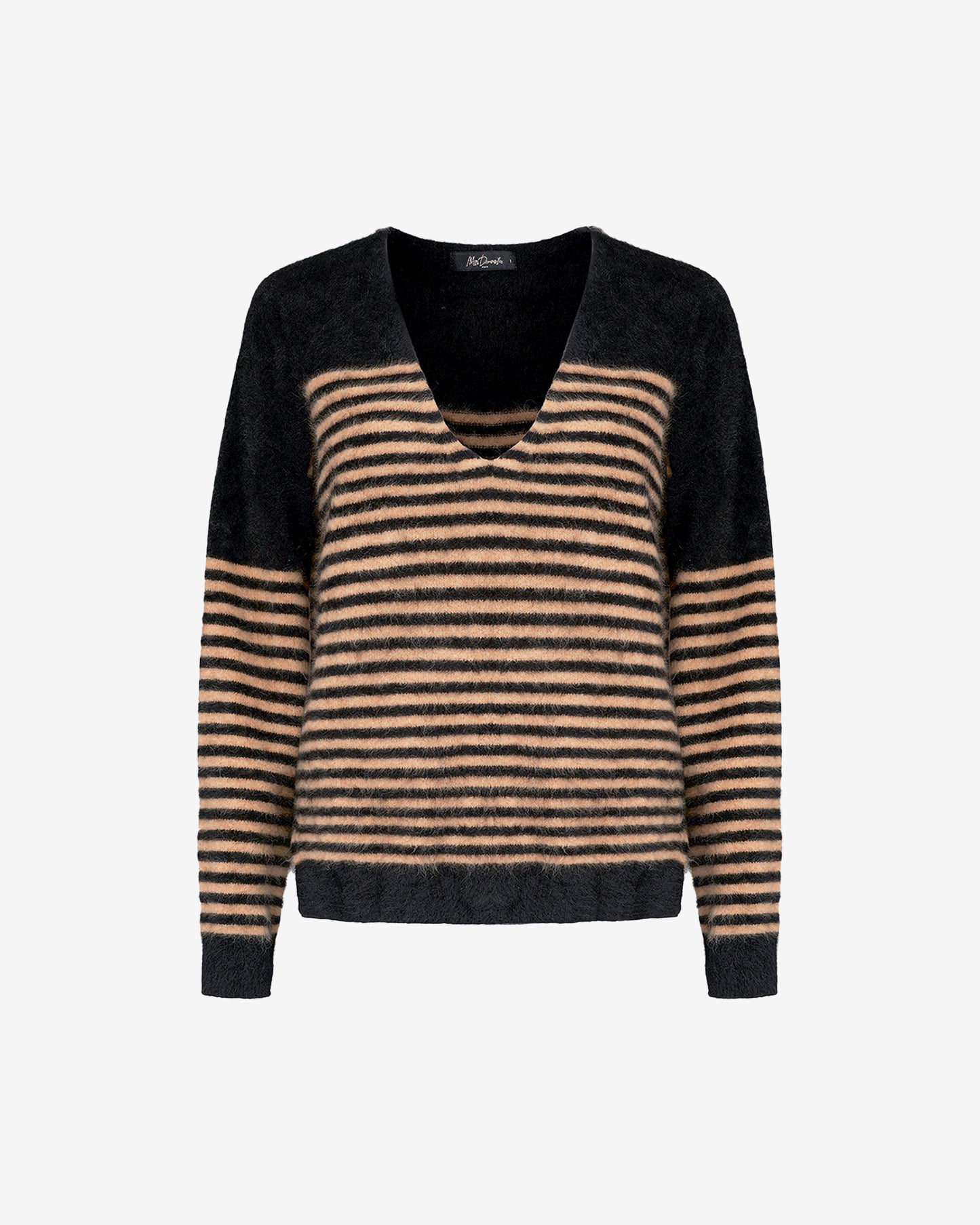 Pull Ryl - Noir : Pull doux laine raccoon rayé noir/camel, col V, dos déstructuré Mes Demoiselles