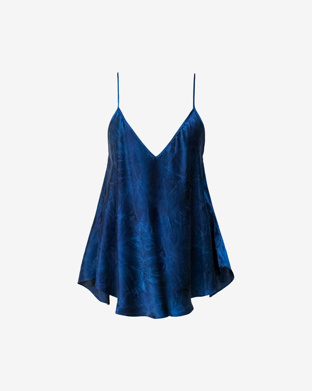 Top Sofi - Bleu : Caraco bleu satiné froissé, décolleté V, coupe ample et fluide Mes Demoiselles - Dernière image