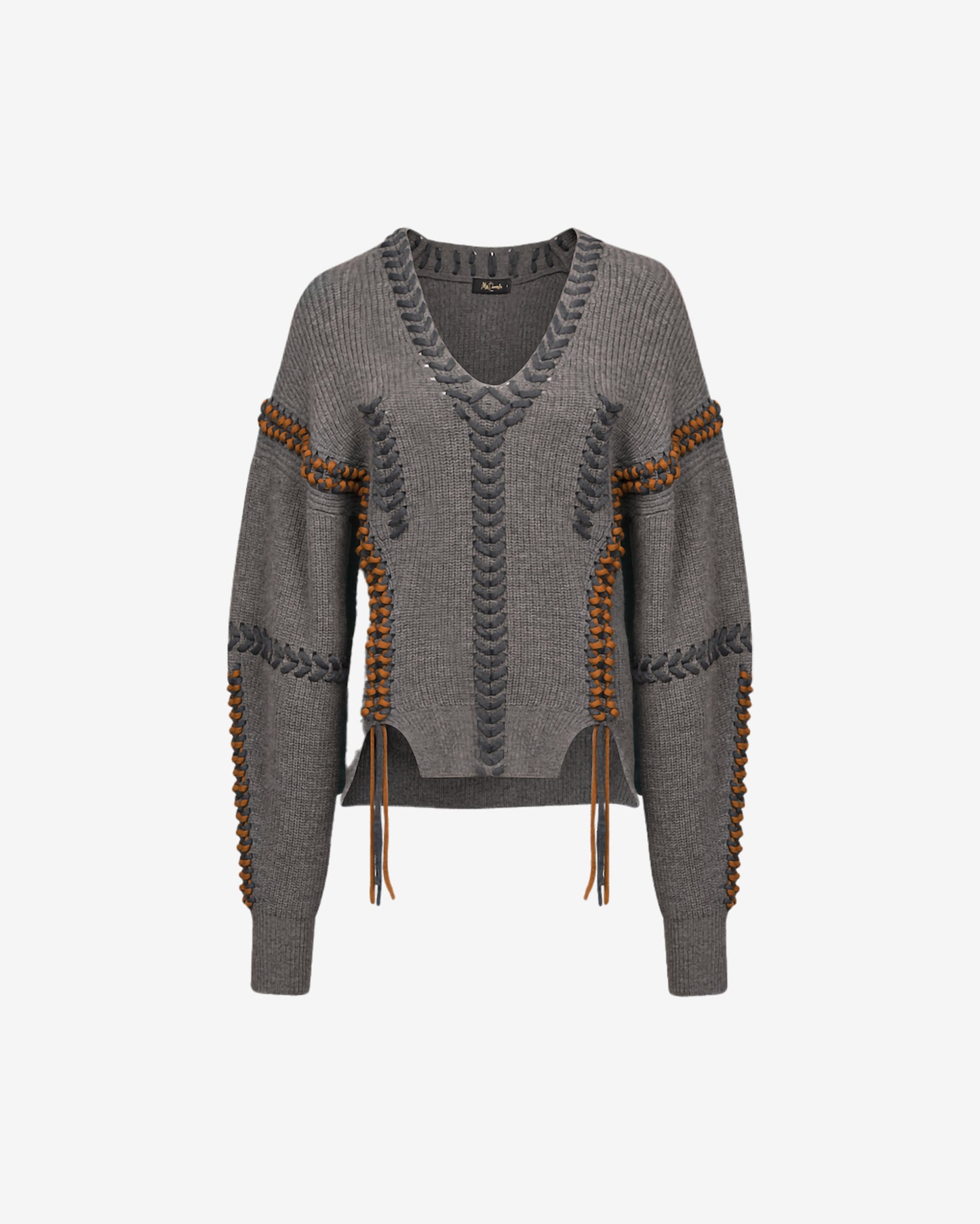 Pull Takumi - Gris : Pull gris foncé, coupe ample, col V, détails de lacets contrastés Mes Demoiselles