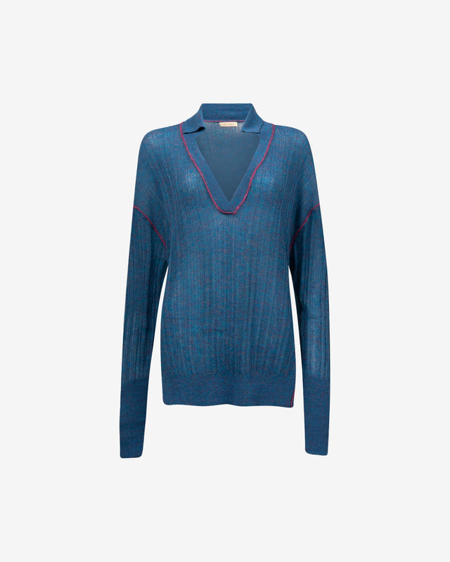 Pull Takuya - Bleu : Pull polo en alpaga, côtes irrégulières, piping coloré Mes Demoiselles - Dernière image