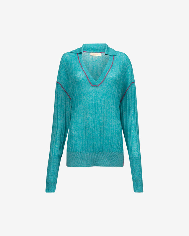 Pull Takuya - Turquoise : Pull polo Mes Demoiselles en mélange alpaga, côtes irrégulières Mes Demoiselles - Dernière image