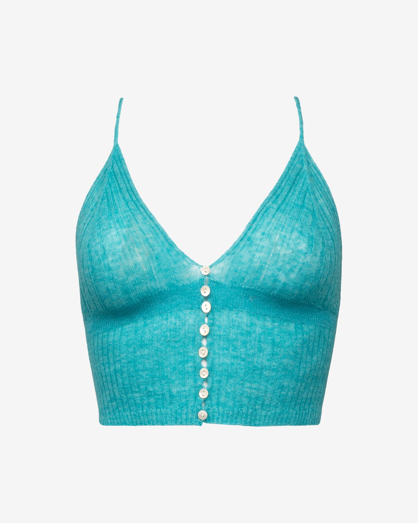 Top court turquoise, maille côtelée, décolleté V, boutons nacrés - Chemises & tops Mes Demoiselles