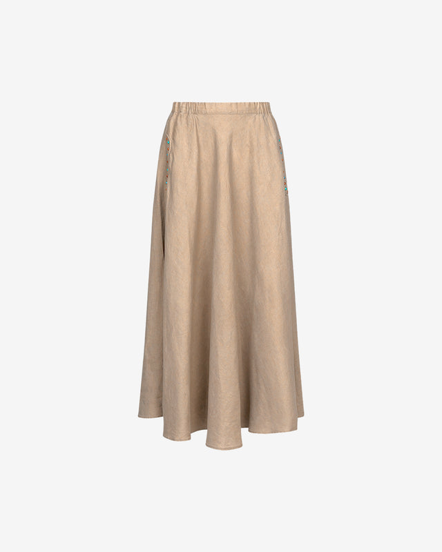 Jupe Taxas - Bronze : Jupe en chanvre fluide, godets souples, taille élastique, clous Mes Demoiselles - Dernière image