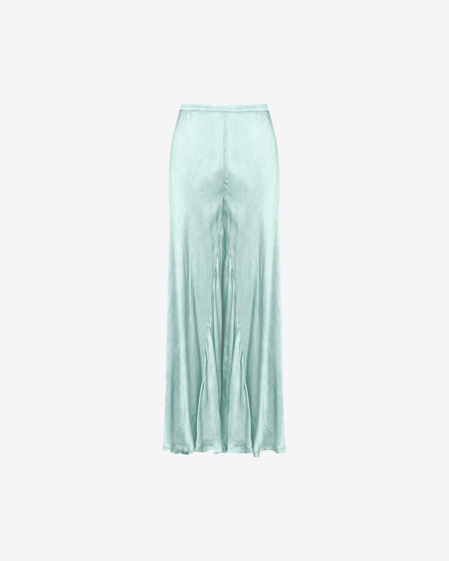 Pantalon palazzo vert clair, satiné et froissé, taille élastiquée - Pantalons & combinaisons Mes Demoiselles - Image 2