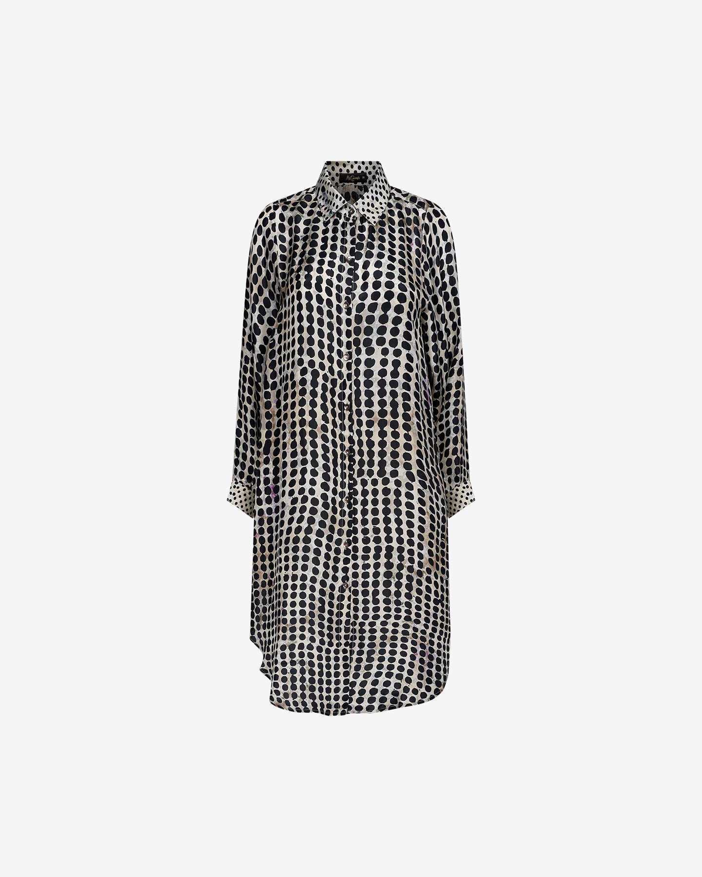 Chemise Dinya - Noir : Longue chemise en soie à pois noir fendue côté Mes Demoiselles