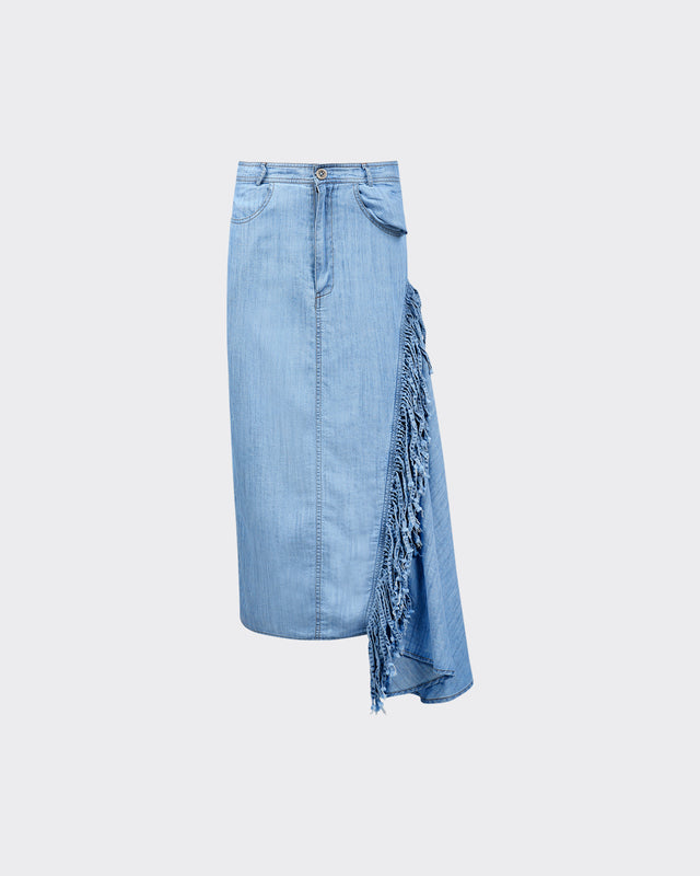 Jupe Icooper - Bleu : Jupe en denim de lyocell et de lin avec franges Mes Demoiselles - Dernière image