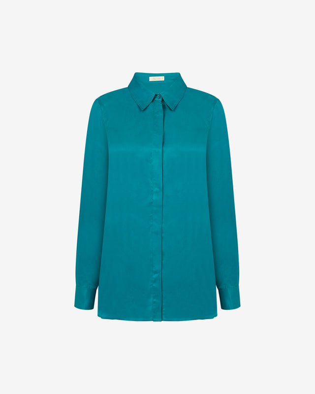 Chemise Marius - Turquoise : Chemise turquoise en cupro avec décoleté au dos Mes Demoiselles - Dernière image