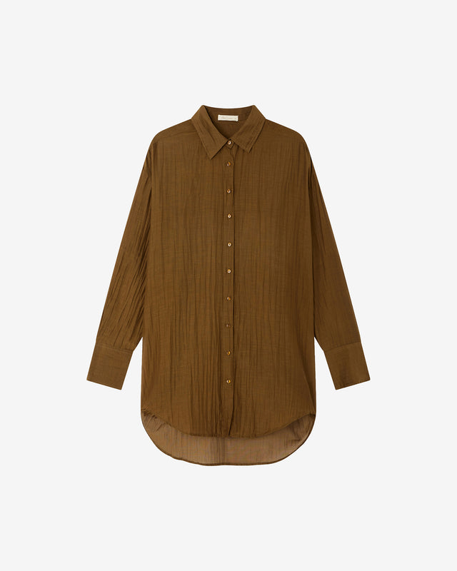 Chemise Lao - Marron : Chemise souple et longue en gaze de coton et soie kaki Mes Demoiselles - Dernière image