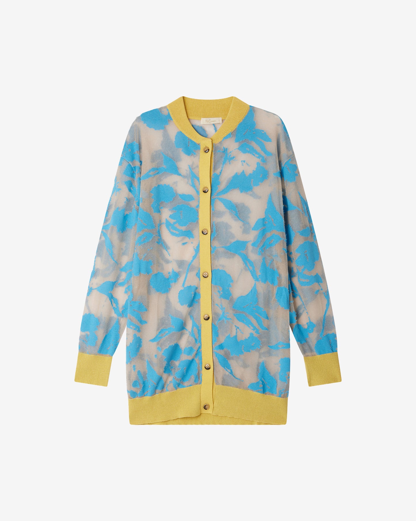 Cardigan Sharini - Bleu : Cardigan long dans un tissu dévoré chair et imprimé bleu Mes Demoiselles