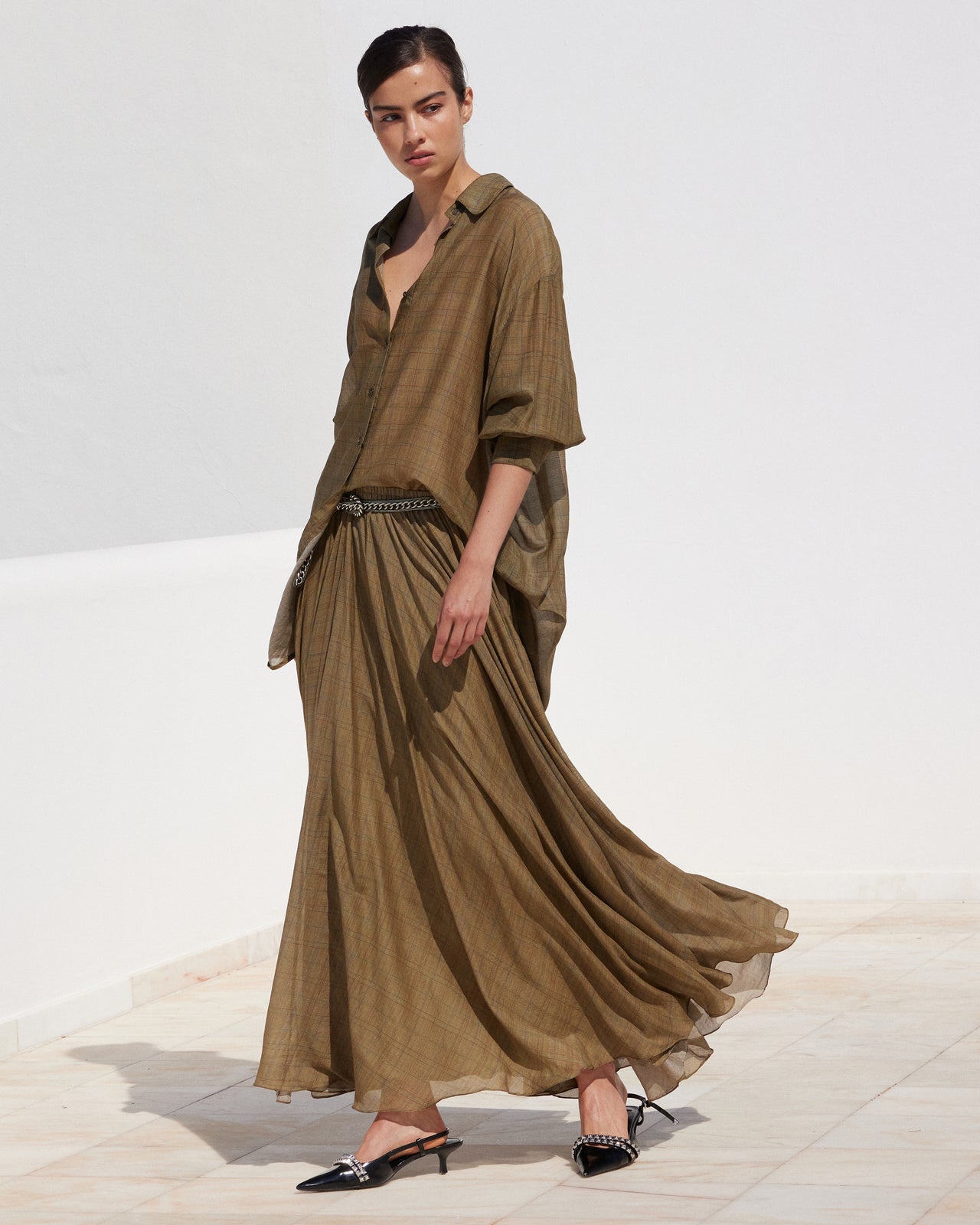 Jupe Brex - Kaki : Jupe longue en viscose satin à carreaux fondus Mes Demoiselles - Image 6