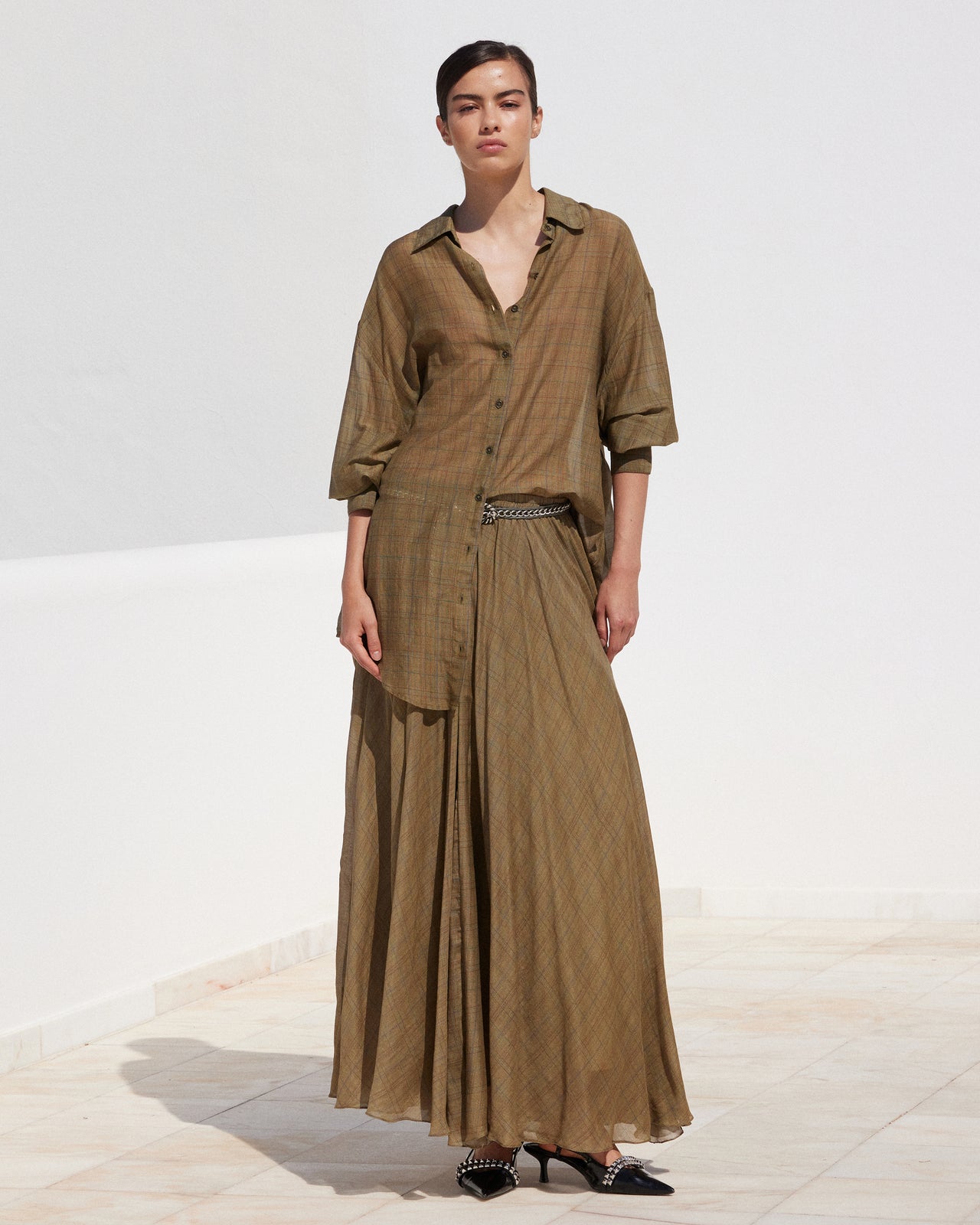 Chemise longue en viscose satin - carreaux anglais : Chemises & tops Mes Demoiselles - Image 1