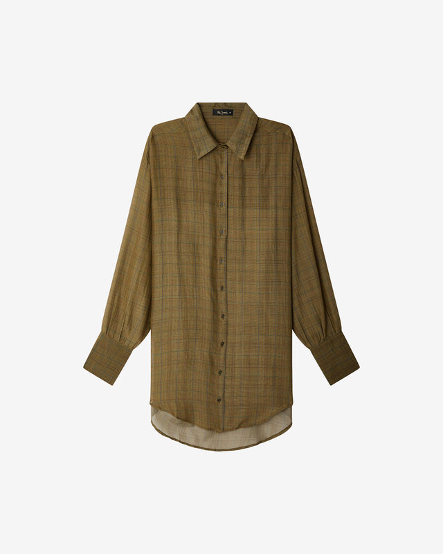 Chemise Brunello - Kaki : Chemise longue en viscose satin - carreaux anglais Mes Demoiselles - Dernière image
