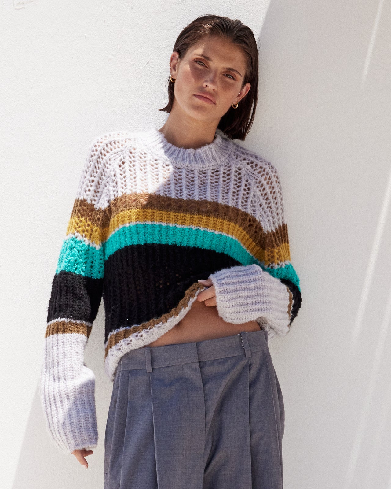 Pullover en laine rayée ajourée - Gris Noir : Pulls & gilets Mes Demoiselles - Image 3