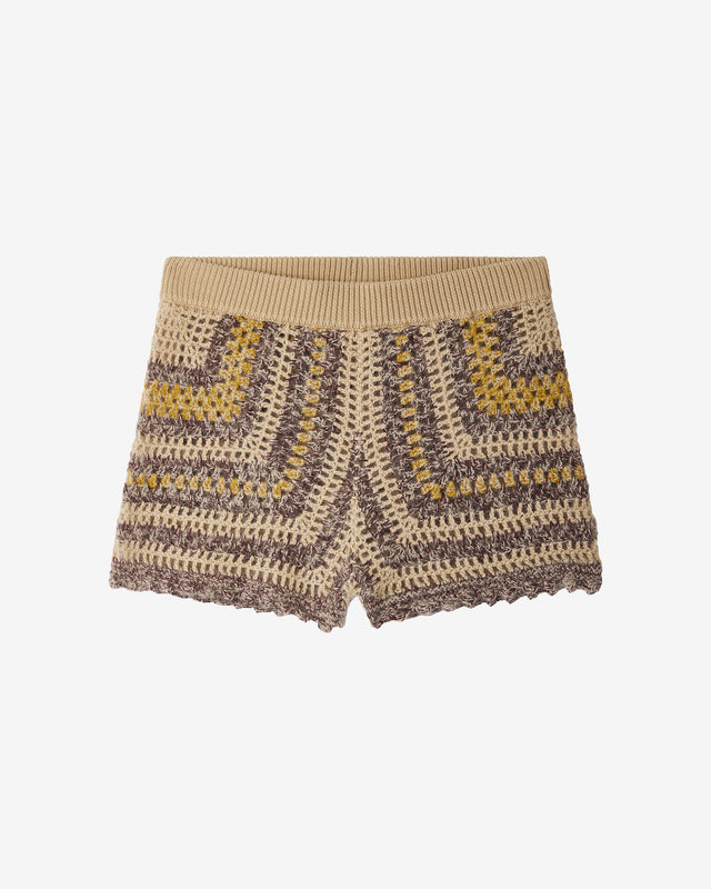 Short Dichna - Violet : Short oversize violet et jaune à motifs – allure graphique et artisanale Mes Demoiselles - Dernière image