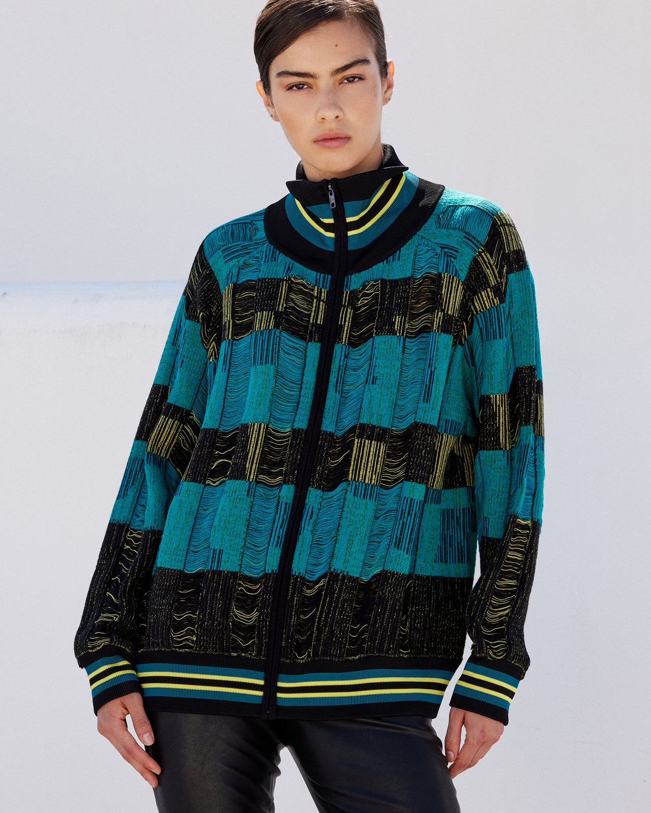 Sweater zippé en tricot dégradé -Turquoise noir et ocre : Manteaux & vestes Mes Demoiselles - Image 3