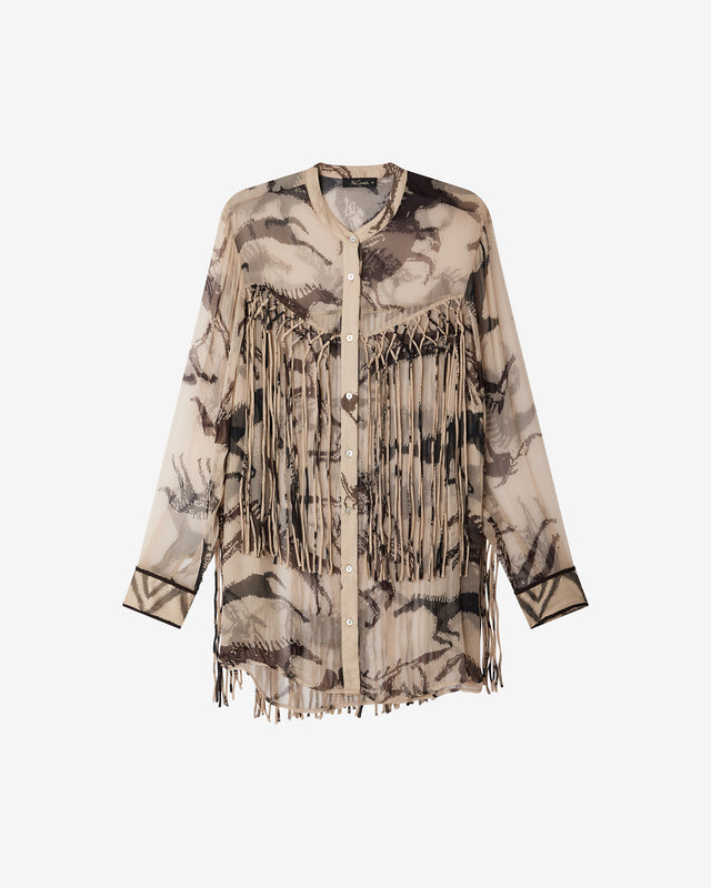 Chemise Faustina - Beige : Chemise en chiffon de viscose – motif beige & marron foncé Mes Demoiselles - Dernière image