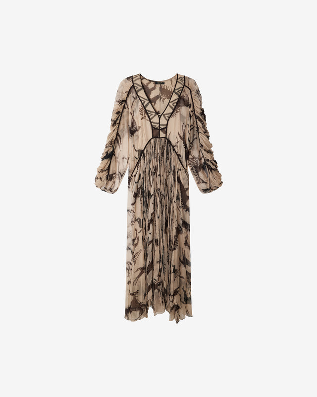 Robe Fortuna - Beige : Robe longue en chiffon de viscose – motif beige & marron foncé Mes Demoiselles - Dernière image