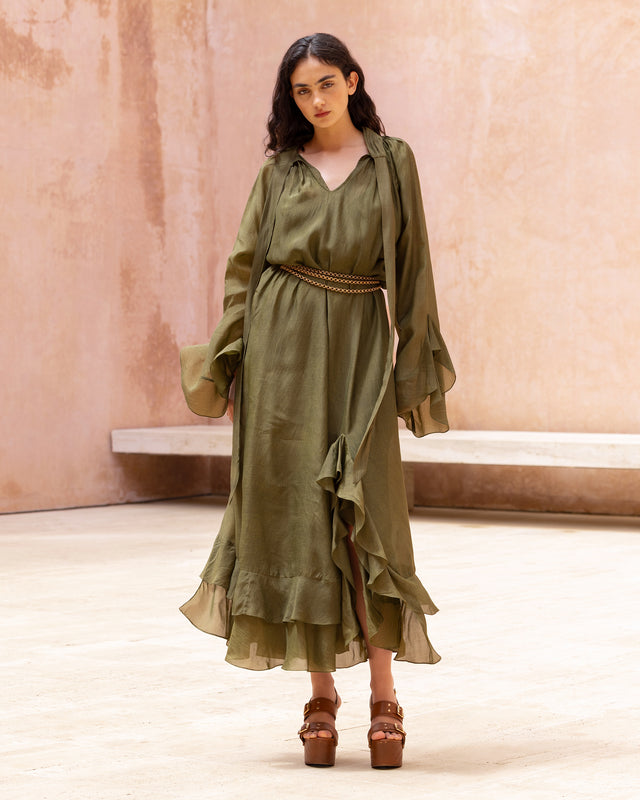 Robe longue en viscose satinée vert kaki : Robes Mes Demoiselles - Image 1