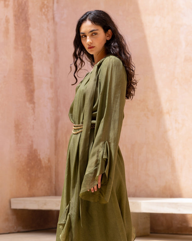Robe Frelly - Vert : Robe longue en viscose satinée vert kaki Mes Demoiselles - Image 2