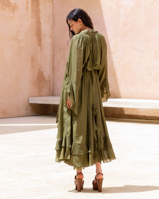 Robe Frelly - Vert : Robe longue en viscose satinée vert kaki Mes Demoiselles - Image 3