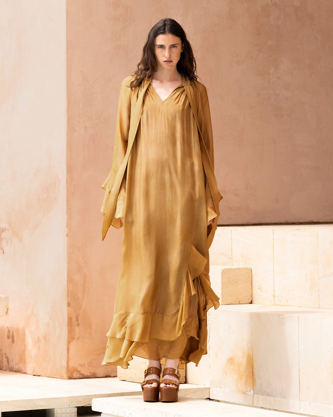 Robe longue en voile viscose Ocre : Robes Mes Demoiselles - Image 1