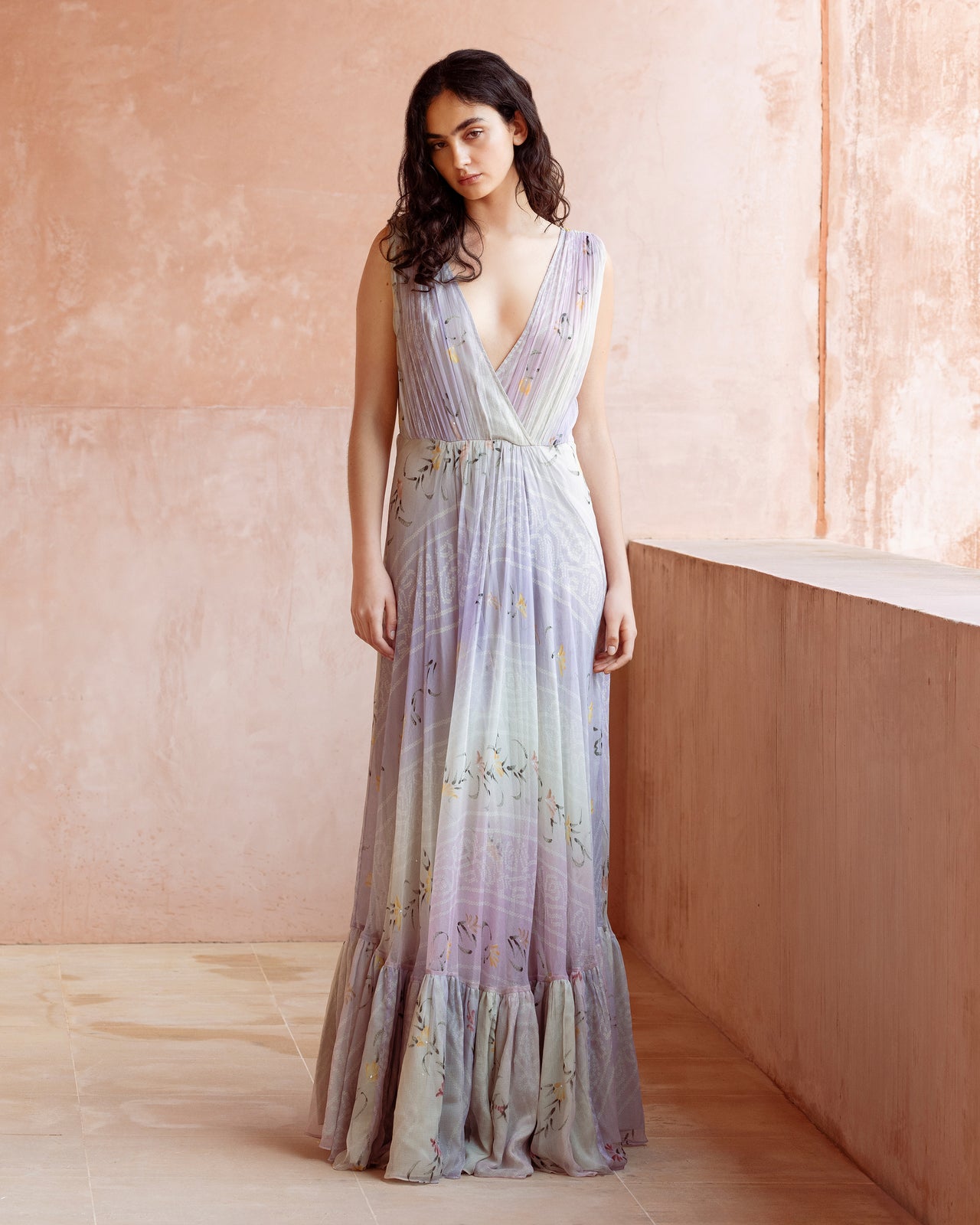 Robe longue en viscose chiffon ivoire et rose : Robes Mes Demoiselles - Image 1