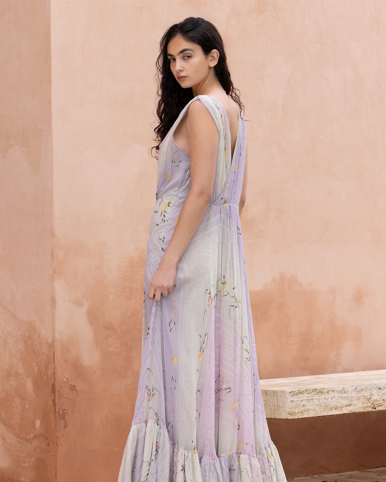 Robe longue en viscose chiffon ivoire et rose : Robes Mes Demoiselles - Image 3