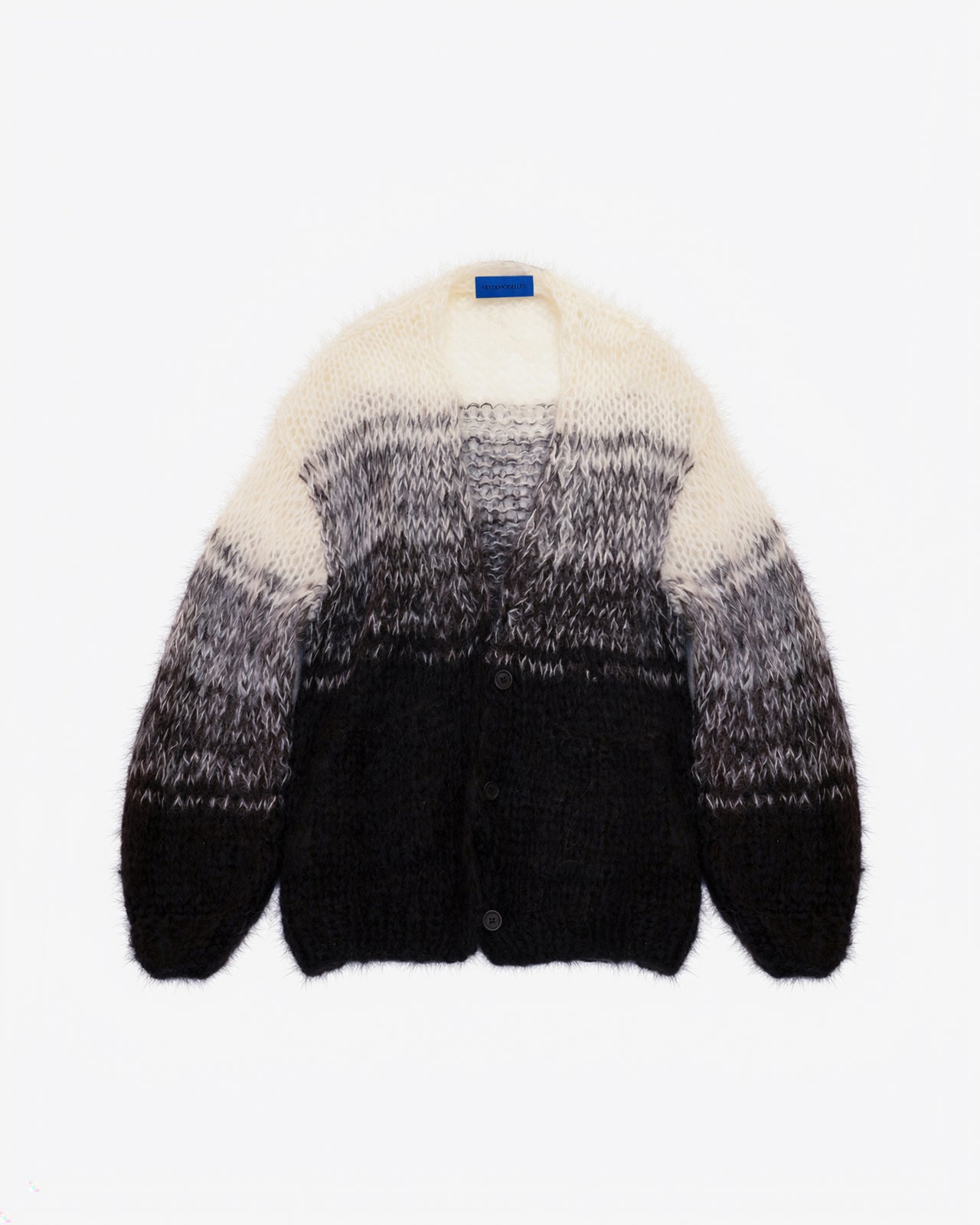 Long cardigan en mohair tricoté main – Dégradé noir et ivoire : Pulls & gilets Mes Demoiselles - Image 1