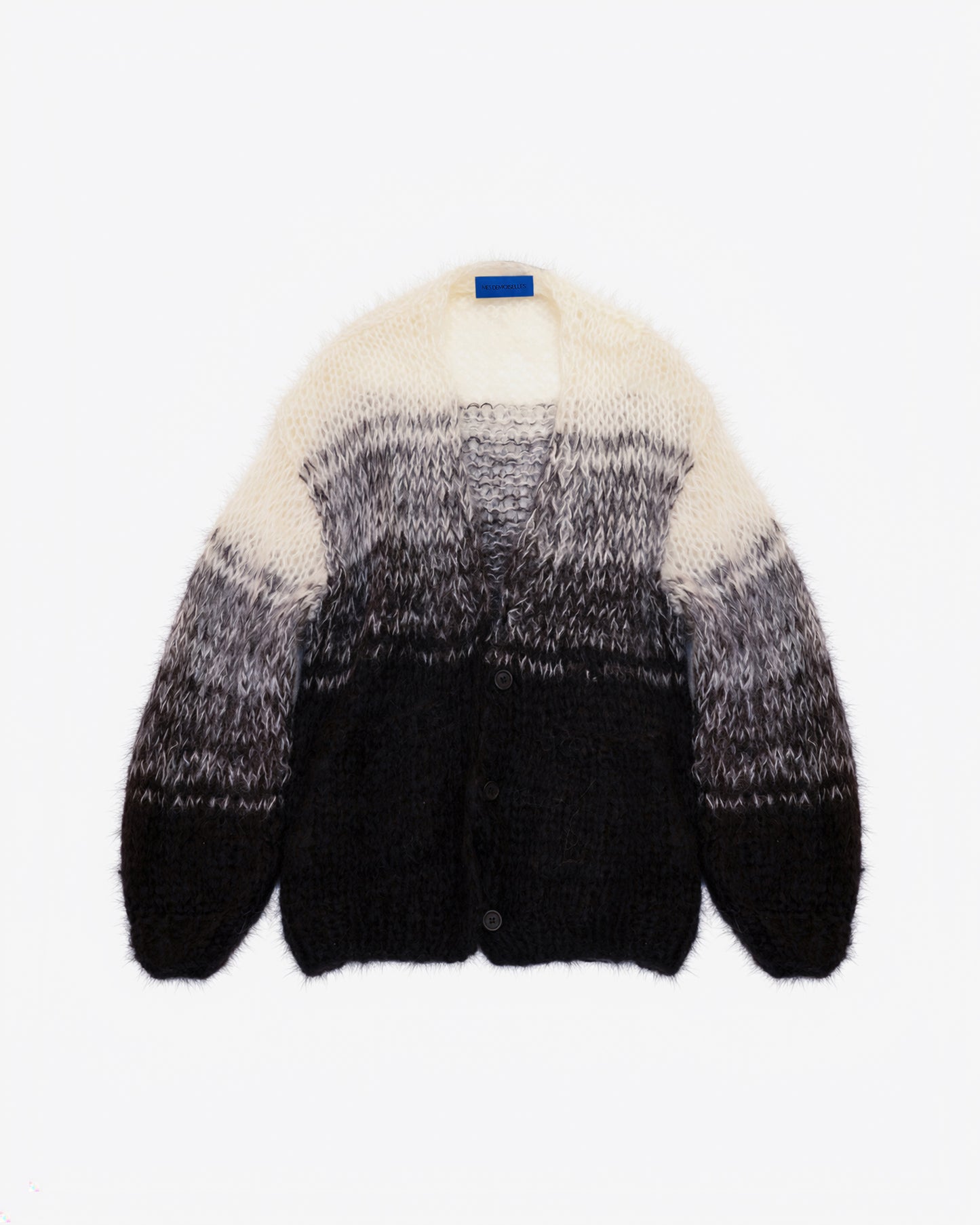 Long cardigan en mohair tricoté main – Dégradé noir et ivoire : Pulls & gilets Mes Demoiselles