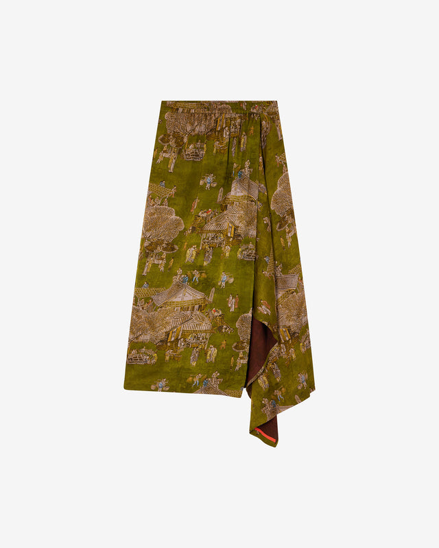 Jupe Pavo - Vert : Jupe portefeuille en jacquard de viscose imprimé sur fond vert Mes Demoiselles - Dernière image