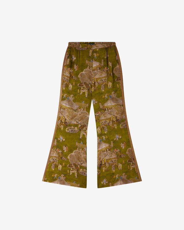 Pantalon Pikini - Vert : Pantalon patte d’éléphant en jacquard de viscose imprimé sur fond vert Mes Demoiselles - Dernière image