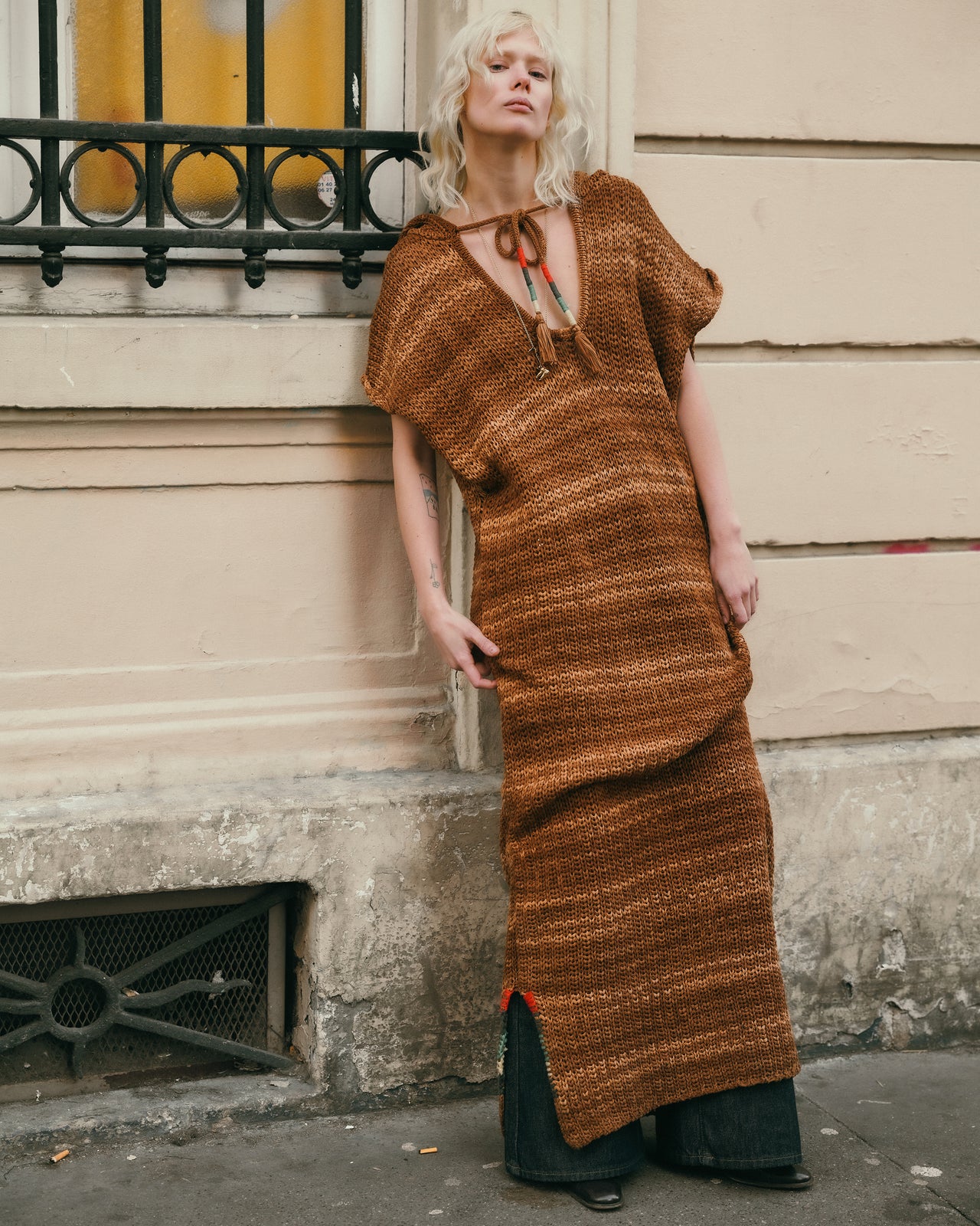 Robe longue en coton tricoté tons ocres : Robes Mes Demoiselles - Image 1