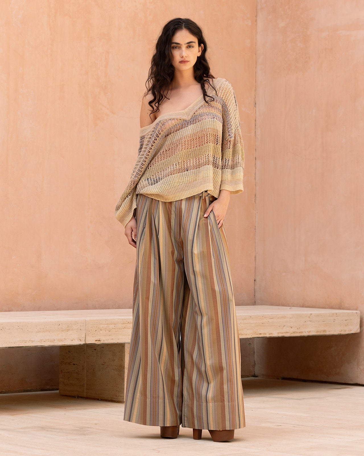 Pantalon à rayures bayadères multicolores : Pantalons & combinaisons Mes Demoiselles - Image 1